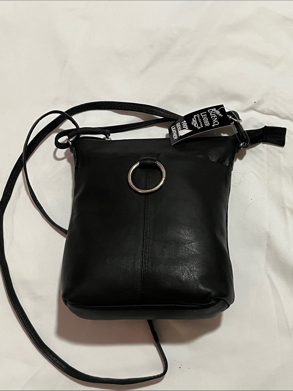 Bueno Black Leather Crossbody with Silver Ring Accent